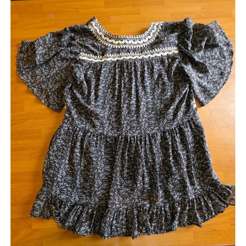 By Together Womens Black Floral Embroidered Babydoll Top Boho Flutter Sleeve S - Picture 9 of 10